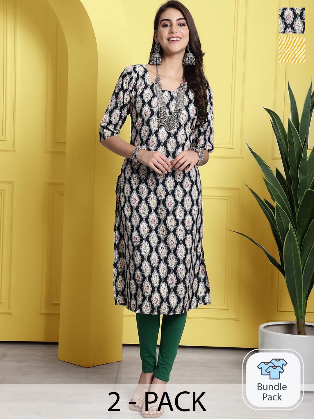 

7Threads Pack Of 2 Floral Printed Straight Kurta, Black