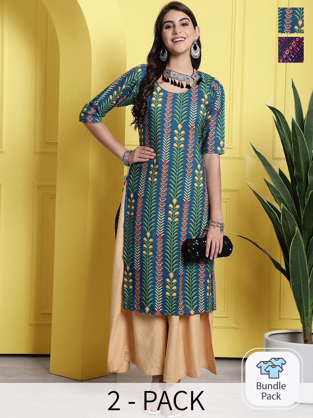 

7Threads Selection Of 2 Ethnic Motifs Printed Kurta, Green