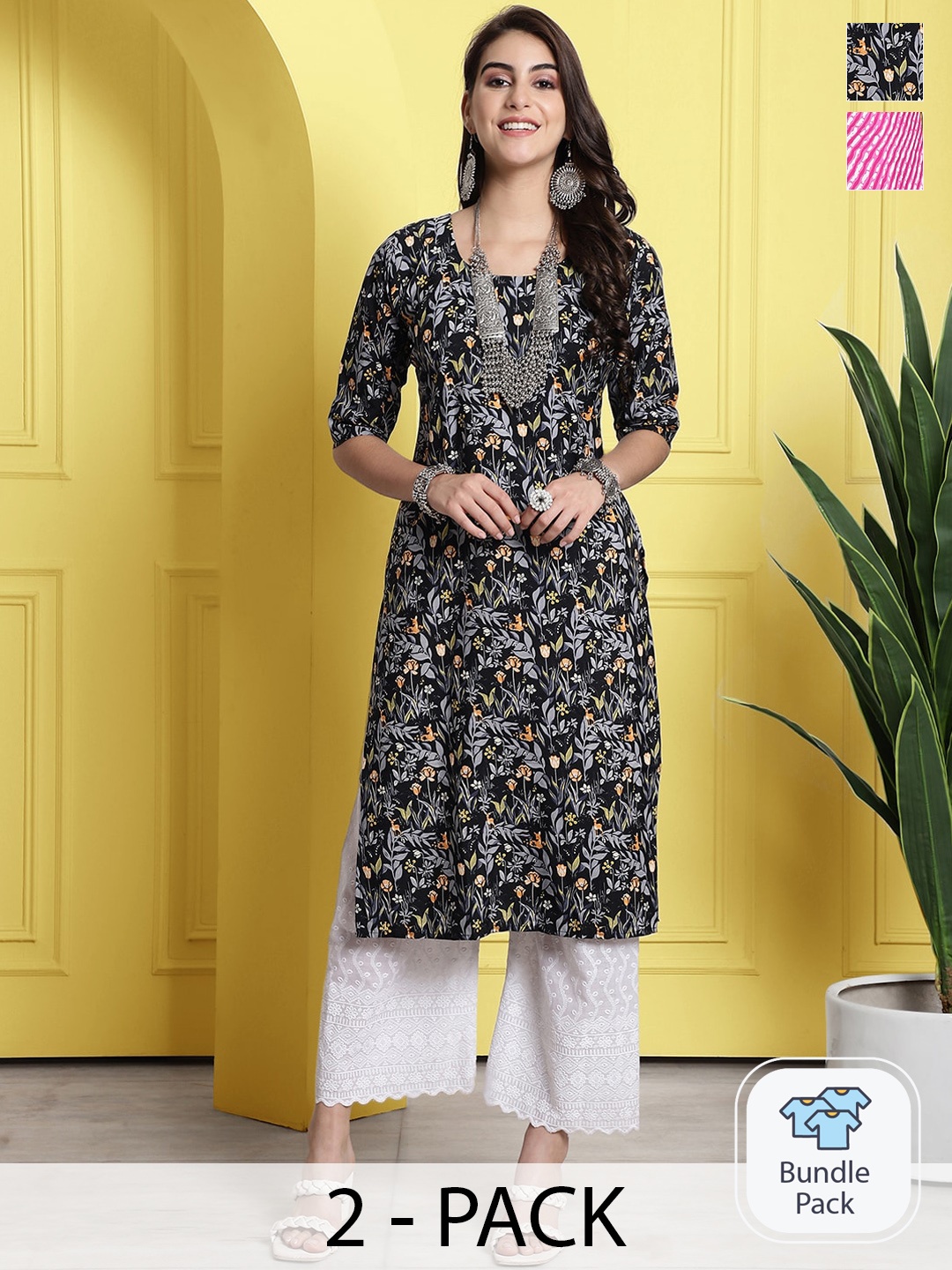 

7Threads Pack of 2 Ethnic Motifs Printed Straight Kurta, Black