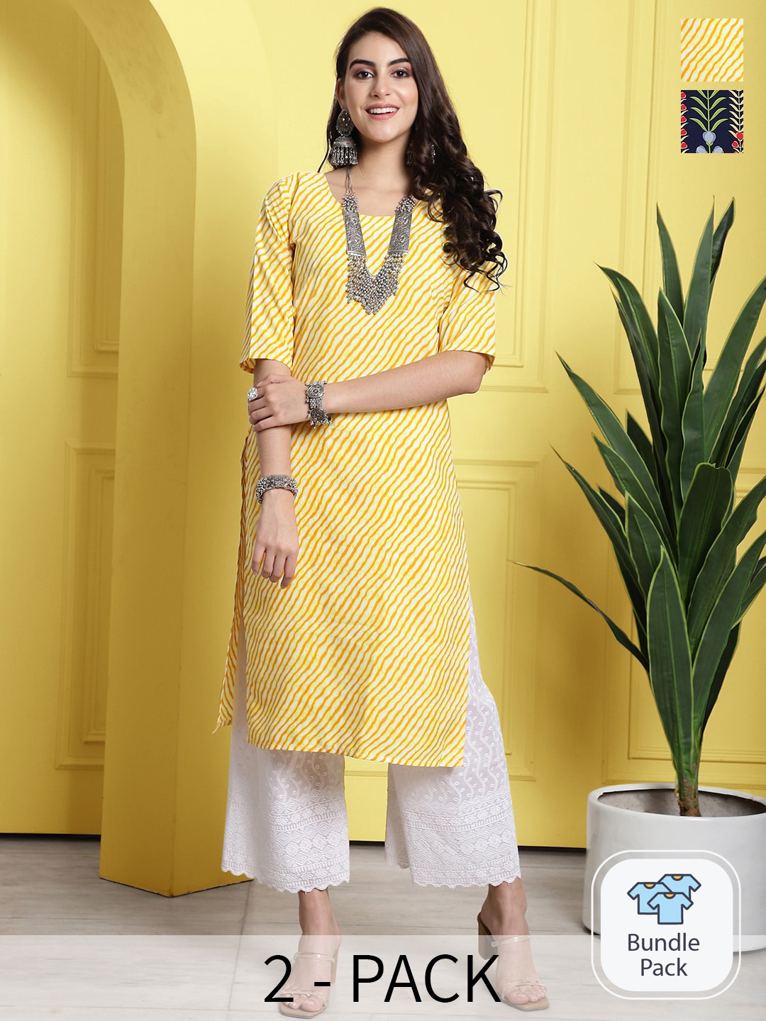 

7Threads Selection Of 2 Ethnic Motif Printed Crepe Kurtas, Yellow