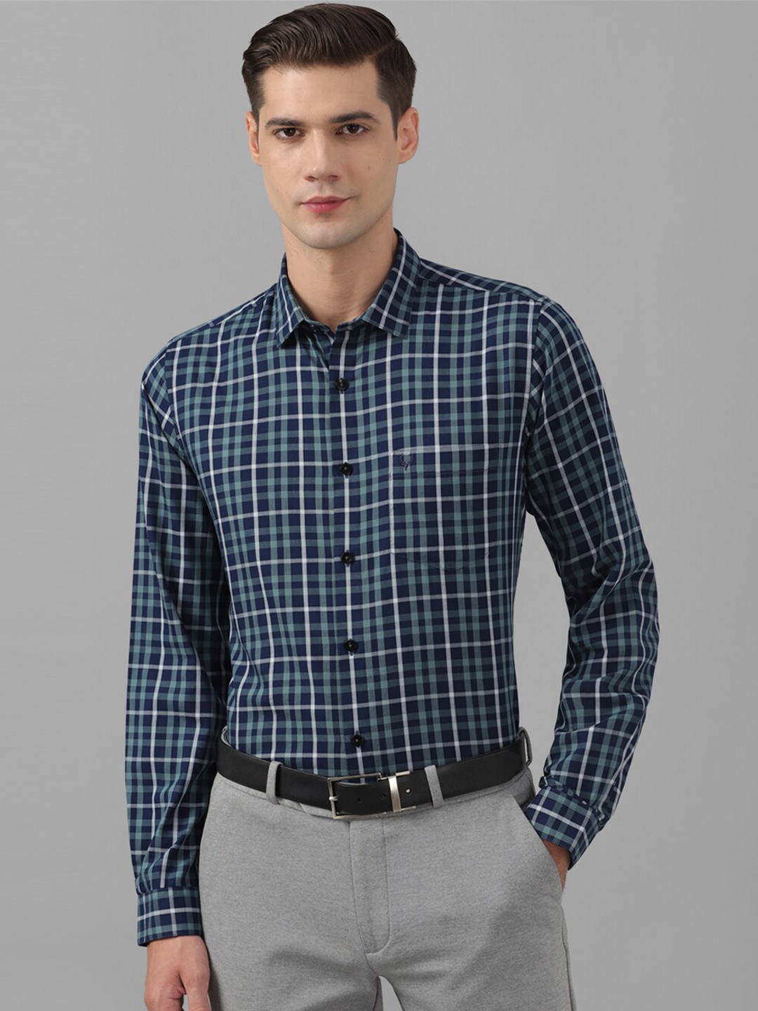 

Allen Solly Slim Fit Checked Pure Cotton Formal Shirt, Navy blue