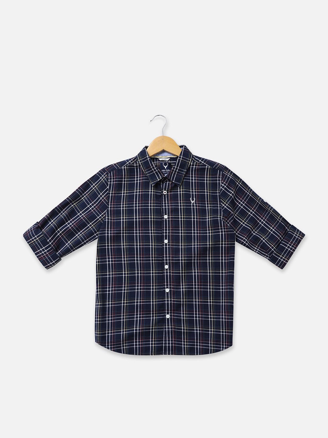 

Allen Solly Junior Boys Slim Fit Other Checked Spread Collar Cotton Casual Shirt, Navy blue