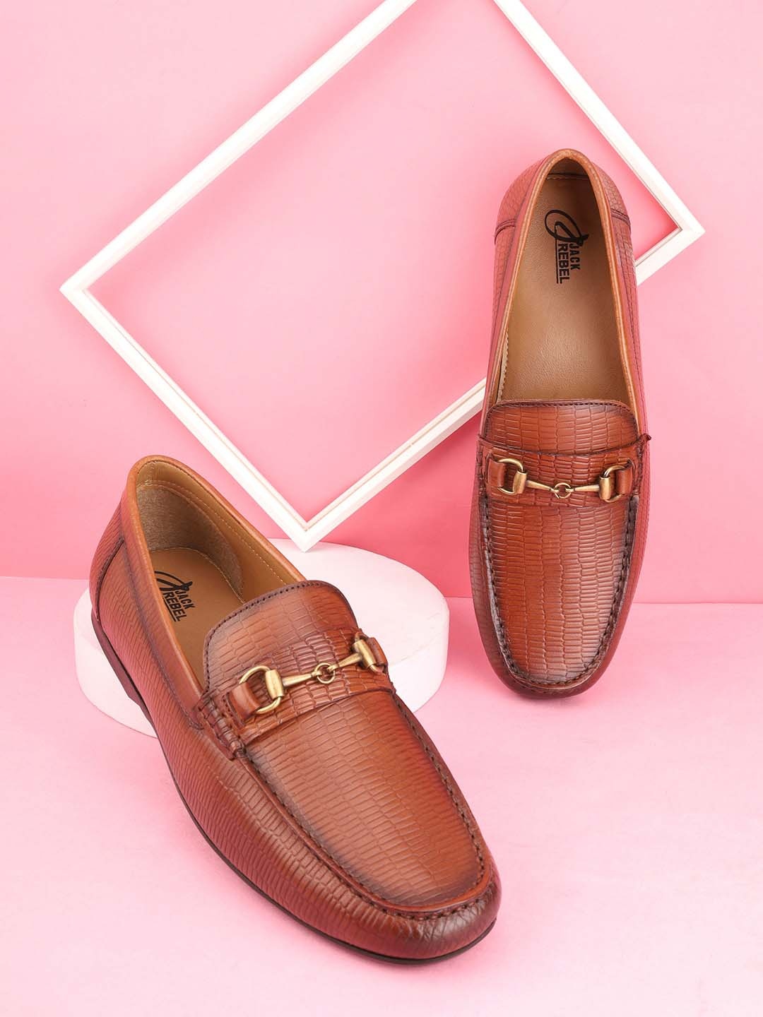 

Jack Rebel Men Textured Buckled Leather Formal Loafers, Brown