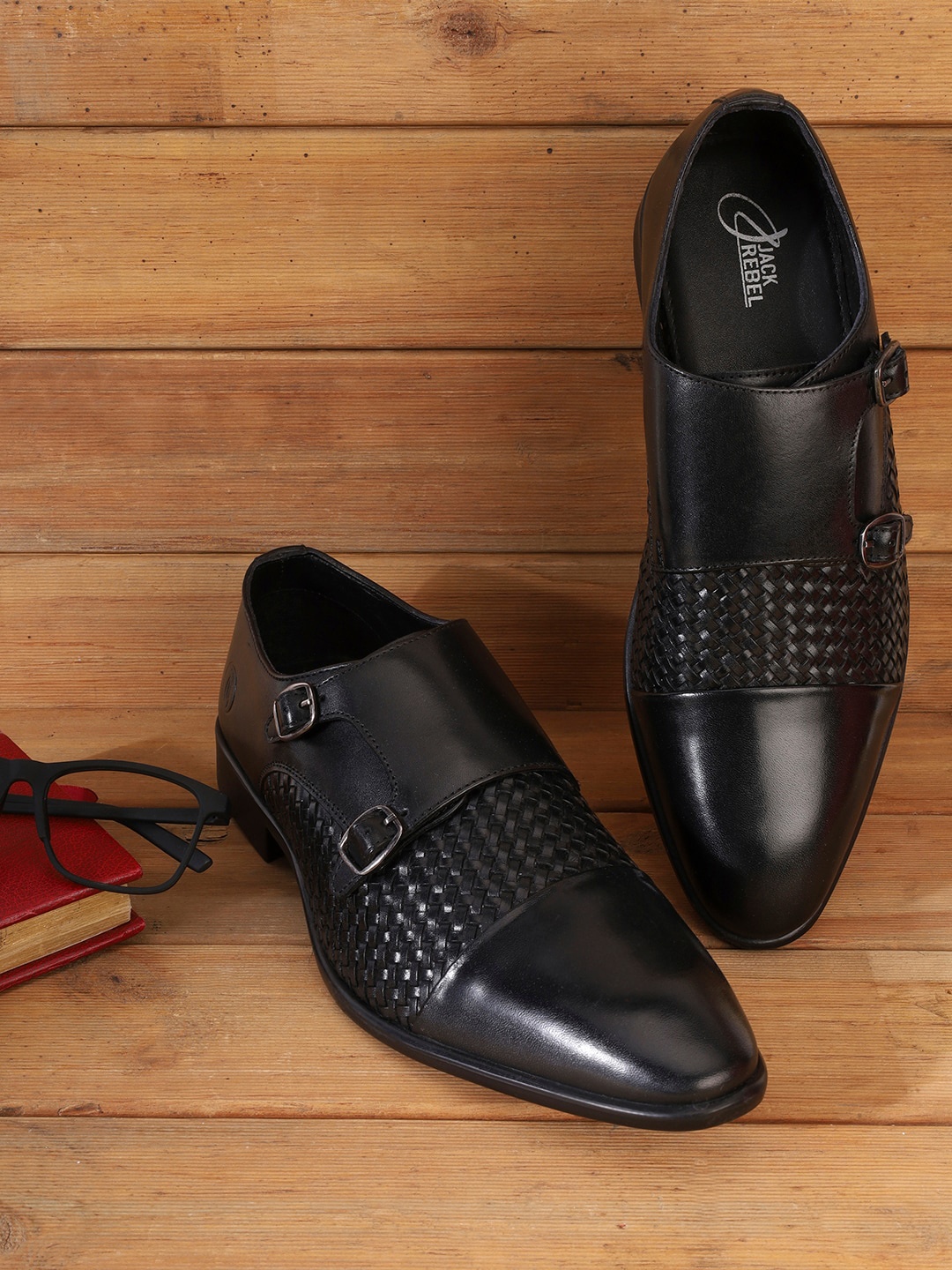 

Jack Rebel Men Albert Textured Leather Formal Monk Shoes, Black