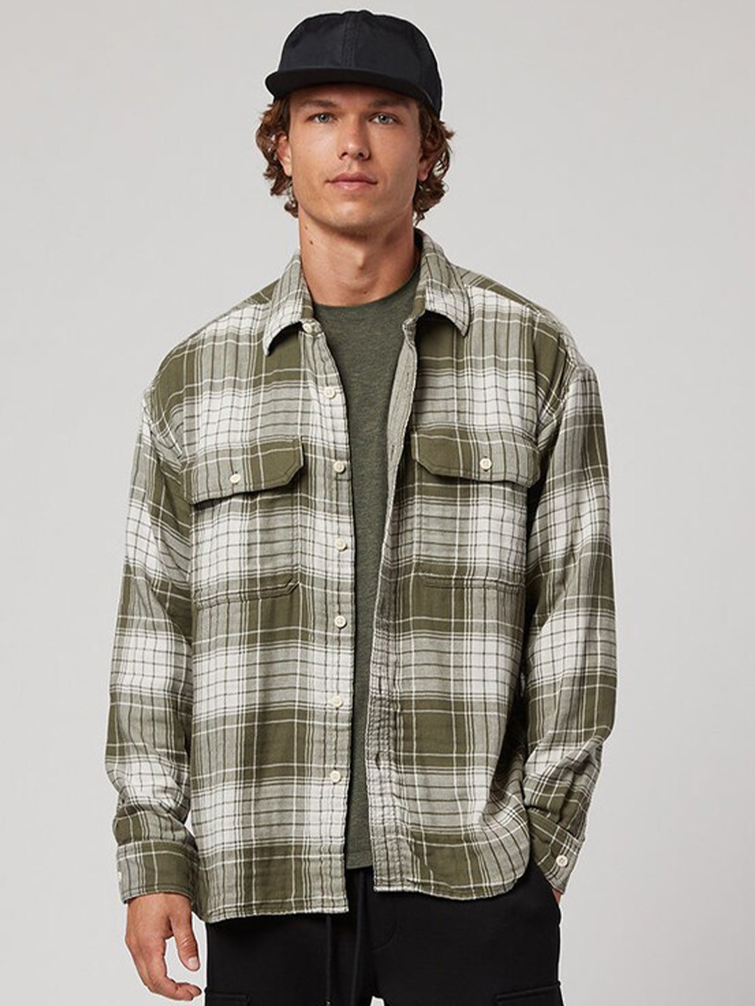 

AMERICAN EAGLE OUTFITTERS Tartan Checked Cotton Casual Shirt, Olive