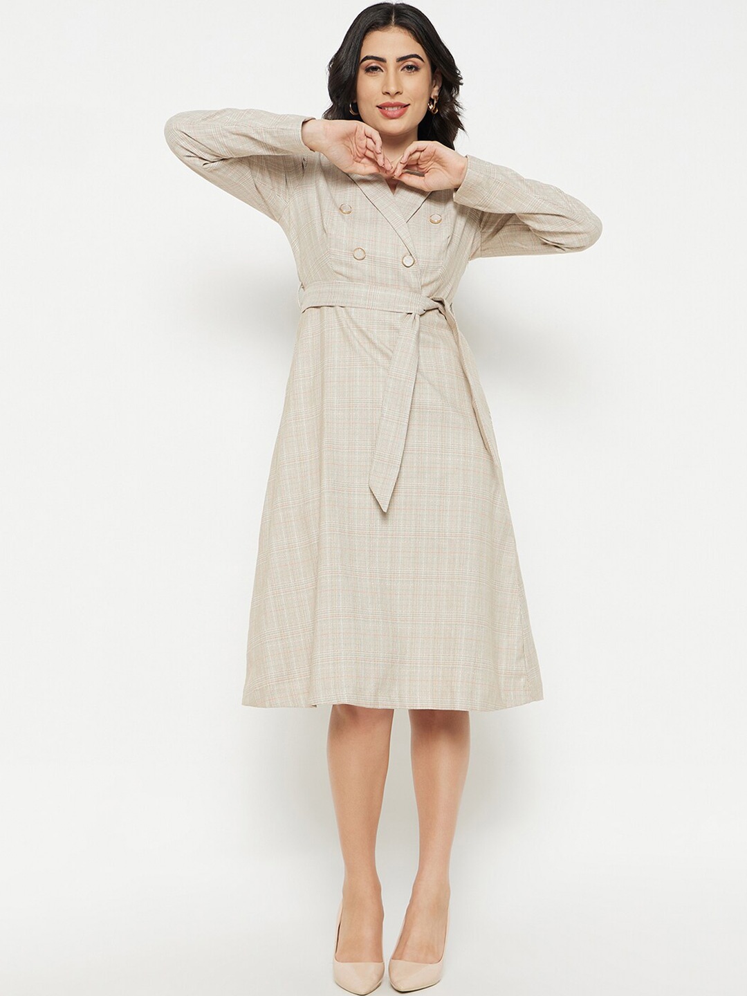 

Madame Checked Lapel Collar Long Sleeve Belted Shirt Dress, Beige