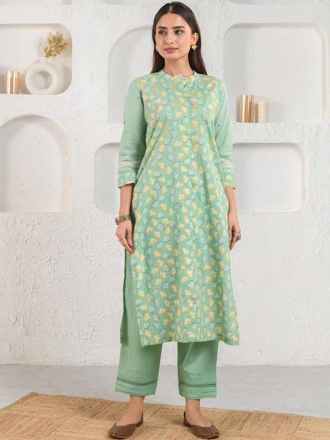 

Prakriti Jaipur Floral Printed Mandarin Collar Earthy Cotton Straight Kurta, Green