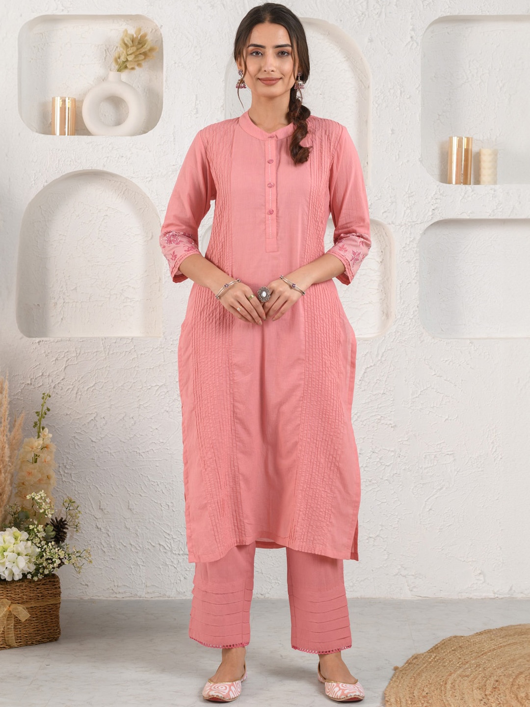 

Prakriti Jaipur Mandarin Collar Pastels Cotton Straight Kurta, Pink