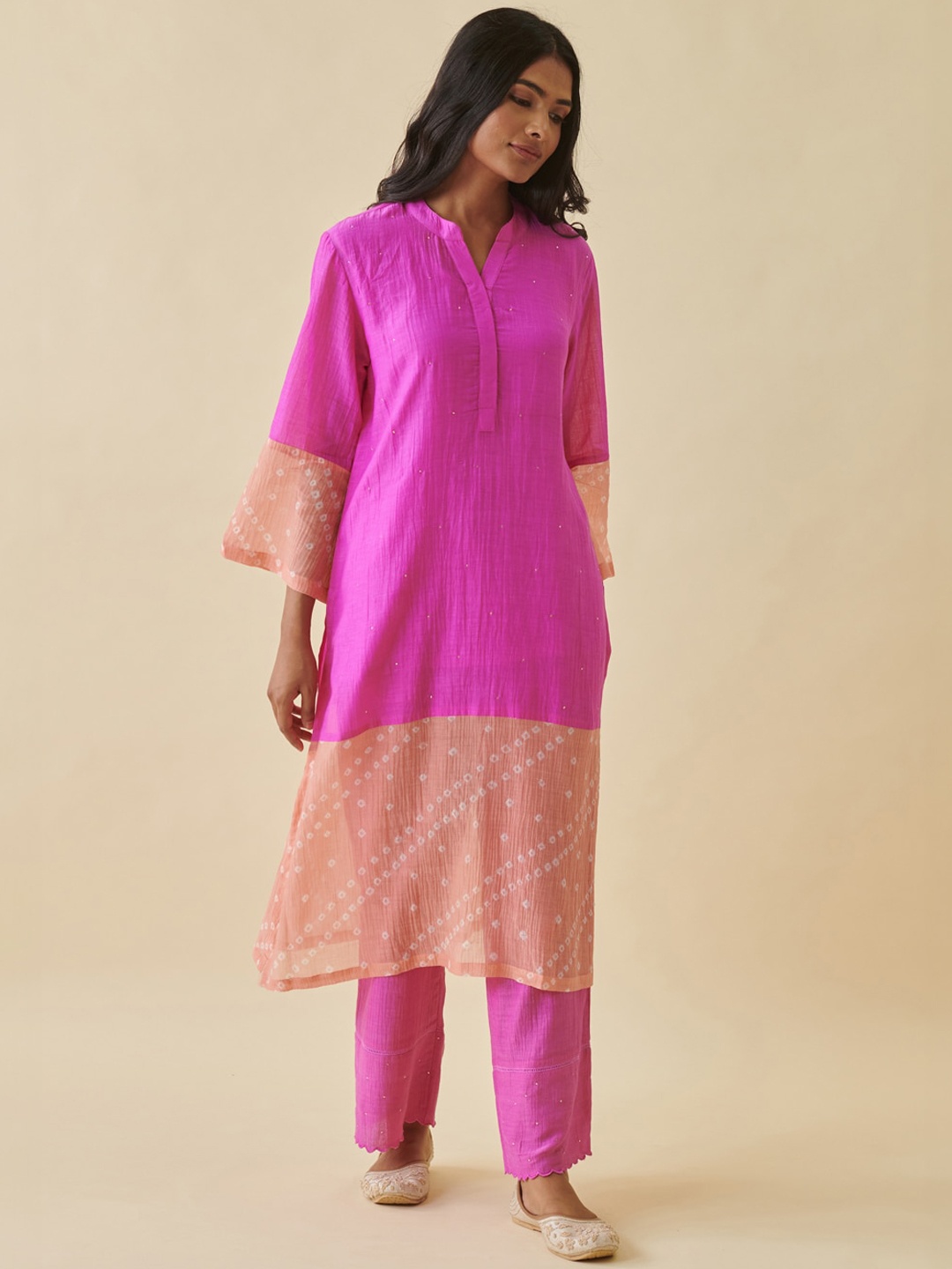 

Prakriti Jaipur Bandhani Printed Mandarin Collar Flared Sleeves A-Line Kurta, Pink