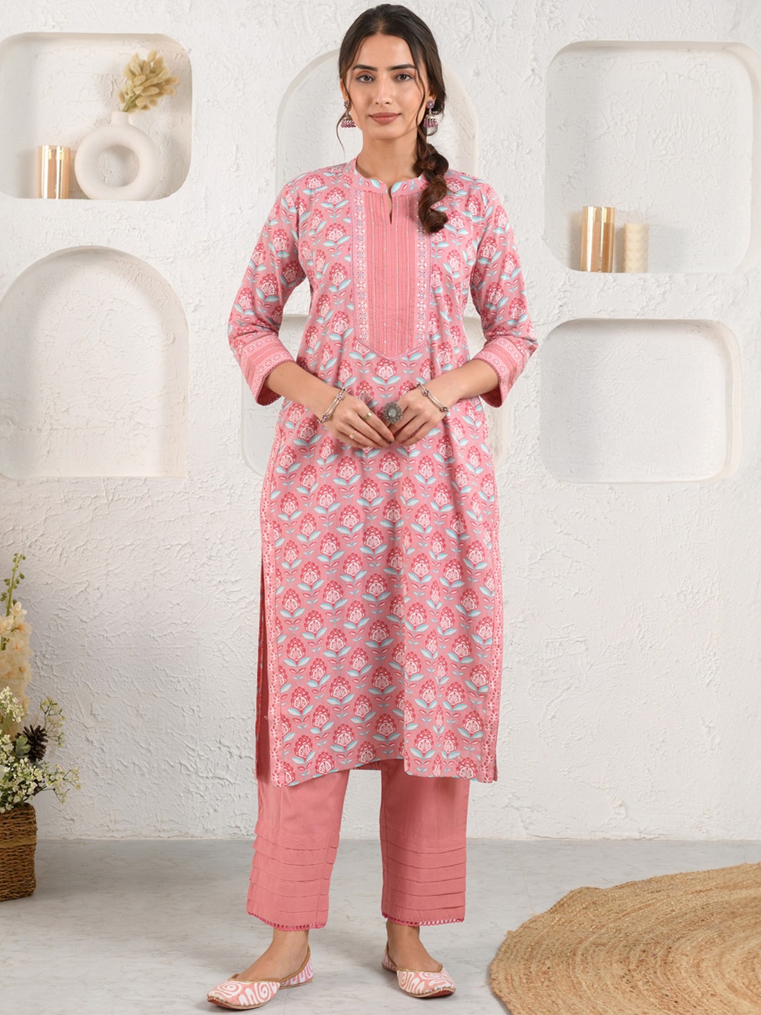 

Prakriti Jaipur Floral Printed Mandarin Collar Cotton Straight Kurta, Pink