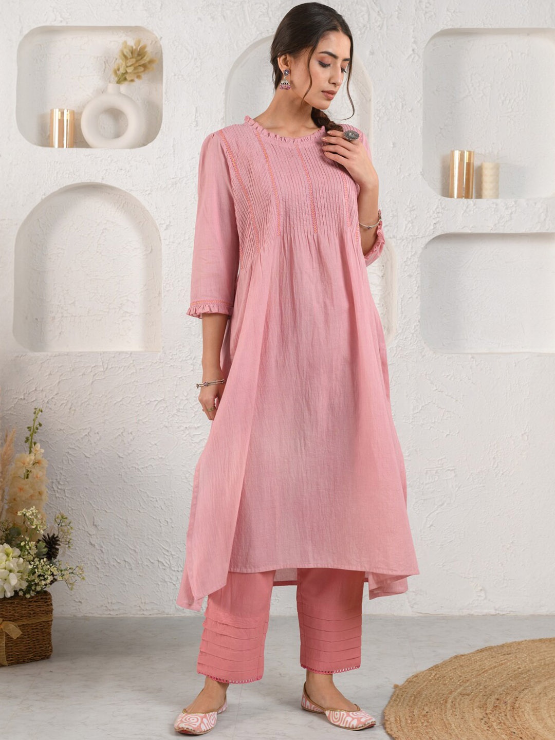 

Prakriti Jaipur Round Neck Pastels Cotton Pleated A-Line Kurta, Pink