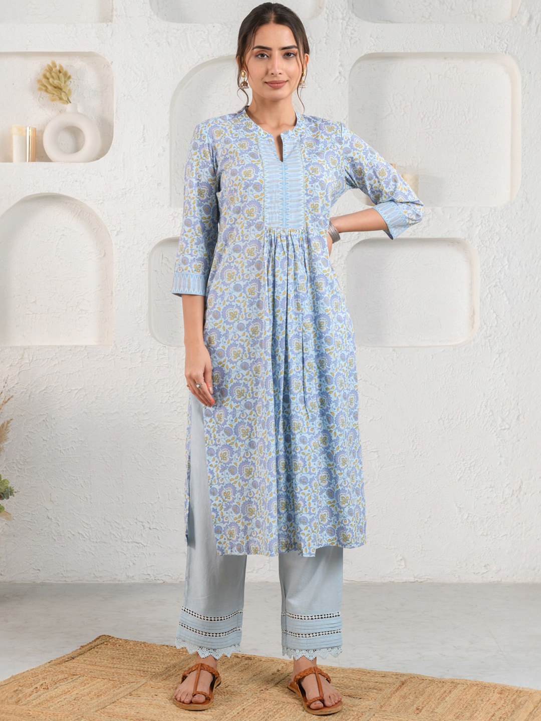 

Prakriti Jaipur Floral Printed Cotton Gathered A-Line Kurta, Blue