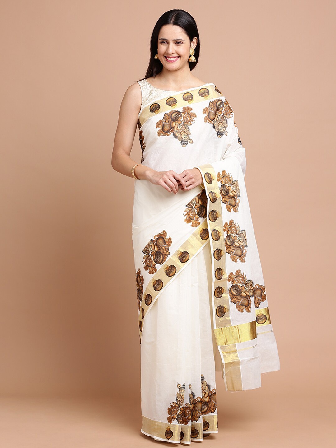 

Kalyan Silks Ethnic Motifs Zari Silk Cotton Saree, Off white
