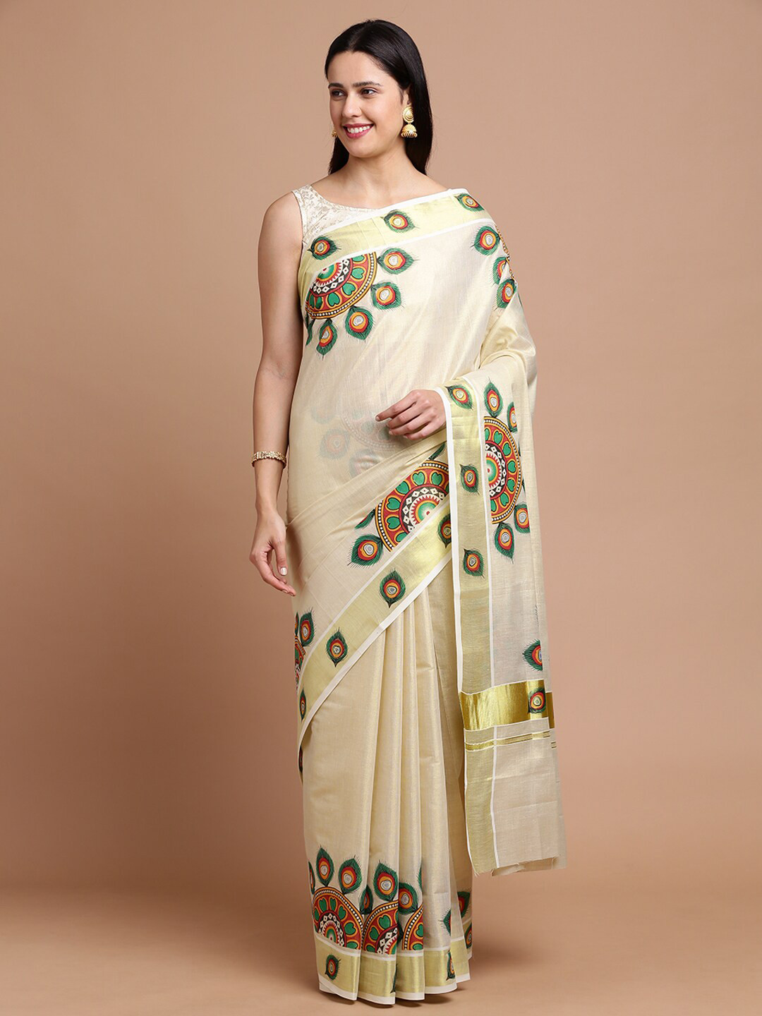 

Kalyan Silks Ethnic Motifs Printed Zari Silk Cotton Saree, Gold