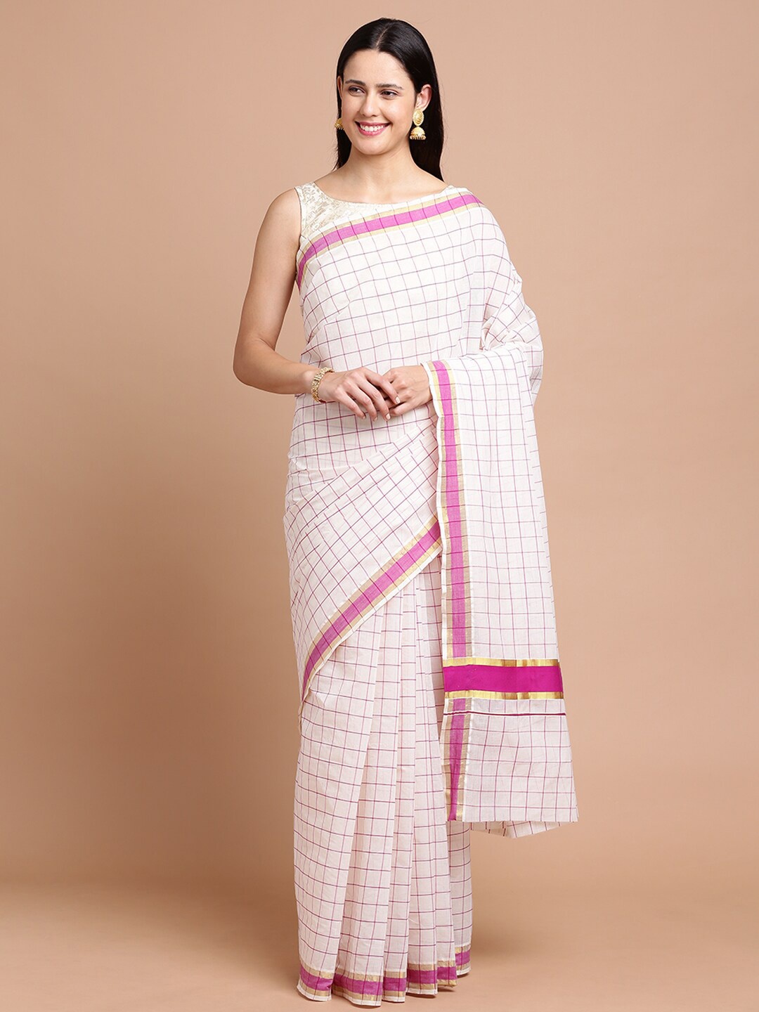 

Kalyan Silks Checked Silk Cotton Saree, Off white