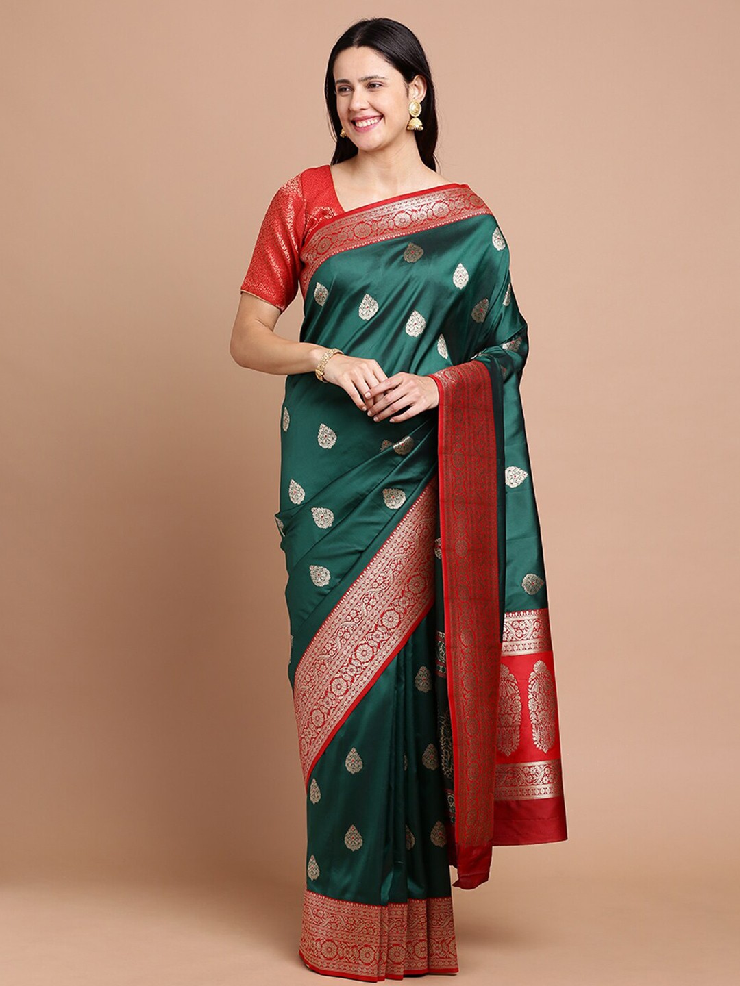 

Kalyan Silks Ethnic Motifs Woven Design Zari Silk Cotton Saree, Green