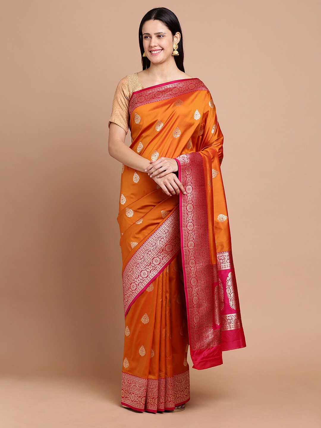 

Kalyan Silks Ethnic Motifs Woven Design Zari Silk Cotton Saree, Gold