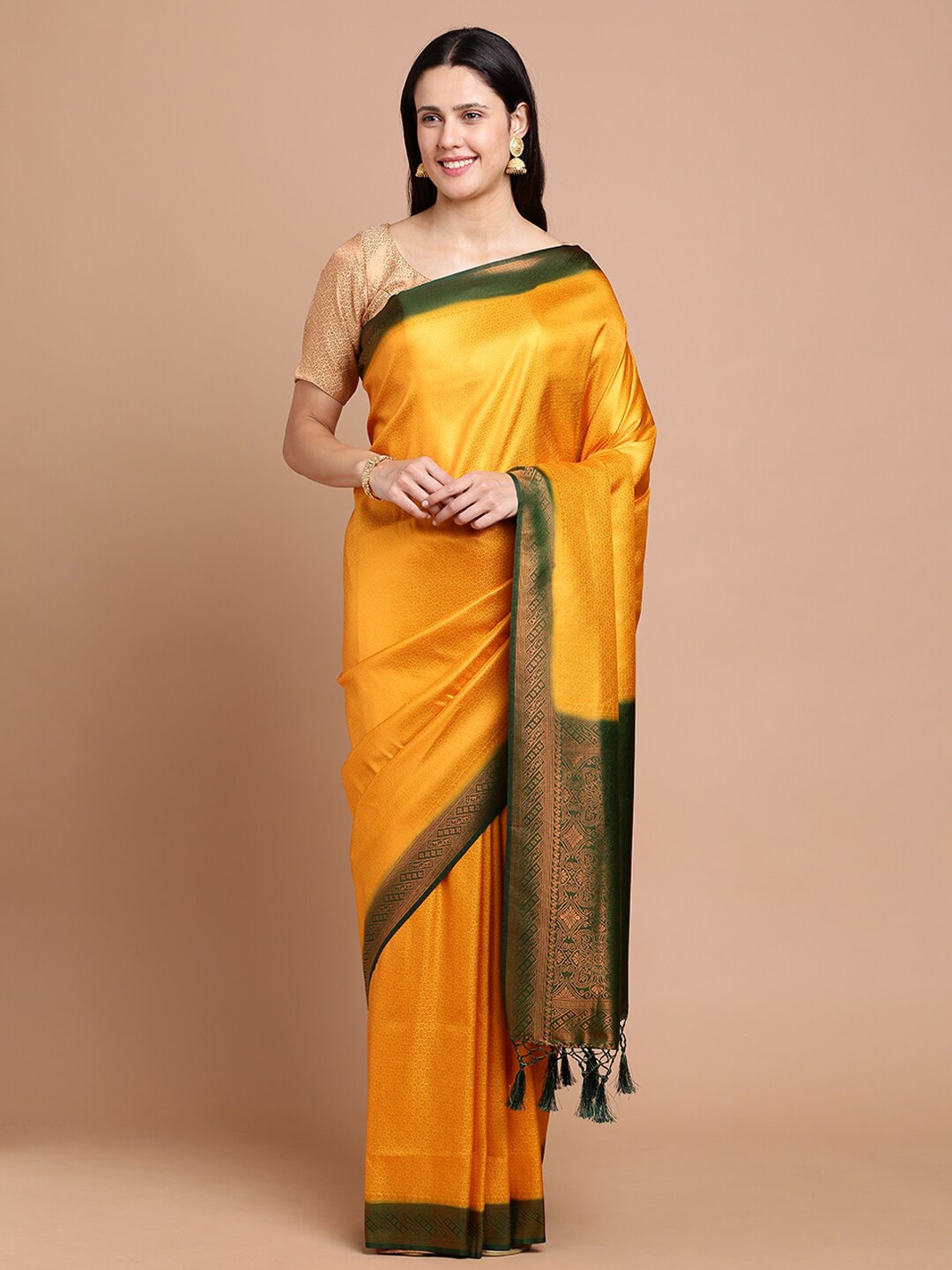 

Kalyan Silks Ethnic Motifs Woven Design Zari Silk Cotton Saree, Yellow