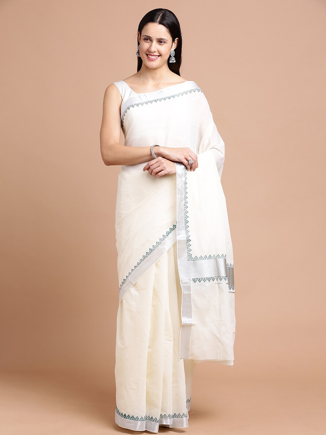 

Kalyan Silks Zari Silk Cotton Saree, Off white