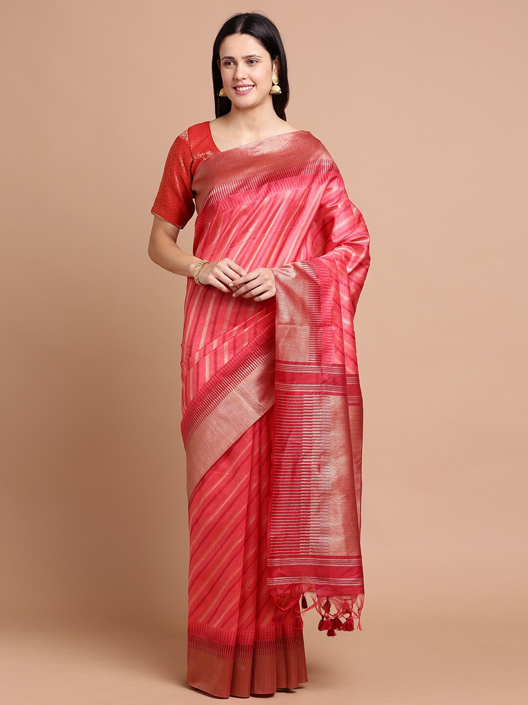 

Kalyan Silks Striped Woven Design Zari Silk Cotton Saree, Pink