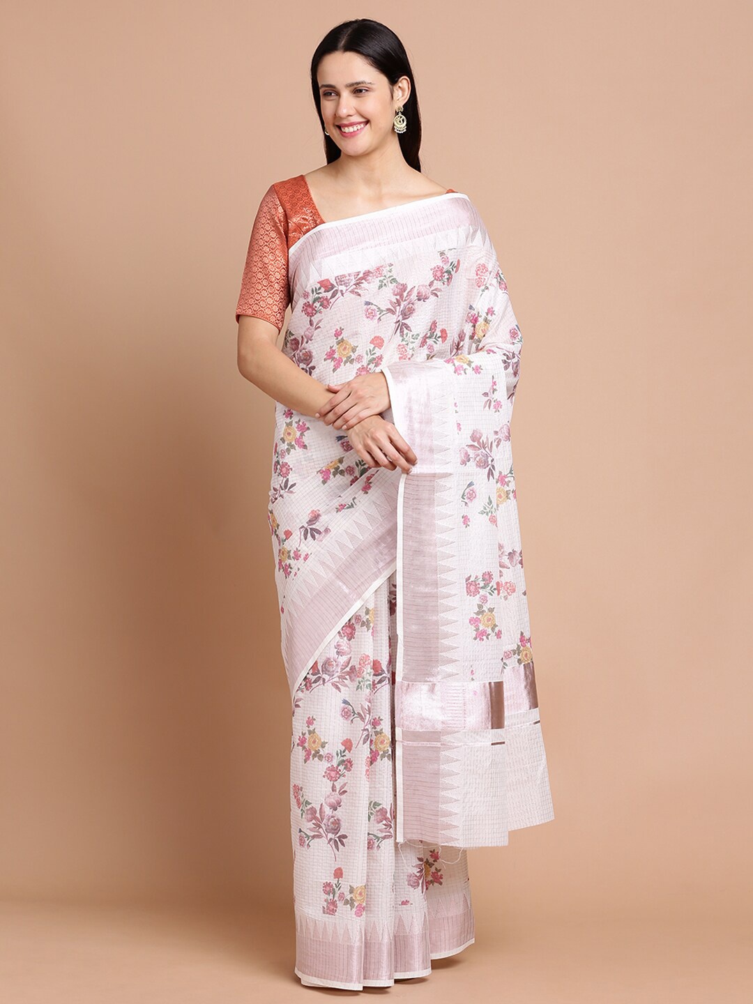 

Kalyan Silks Floral Printed Zari Silk Cotton Saree, White