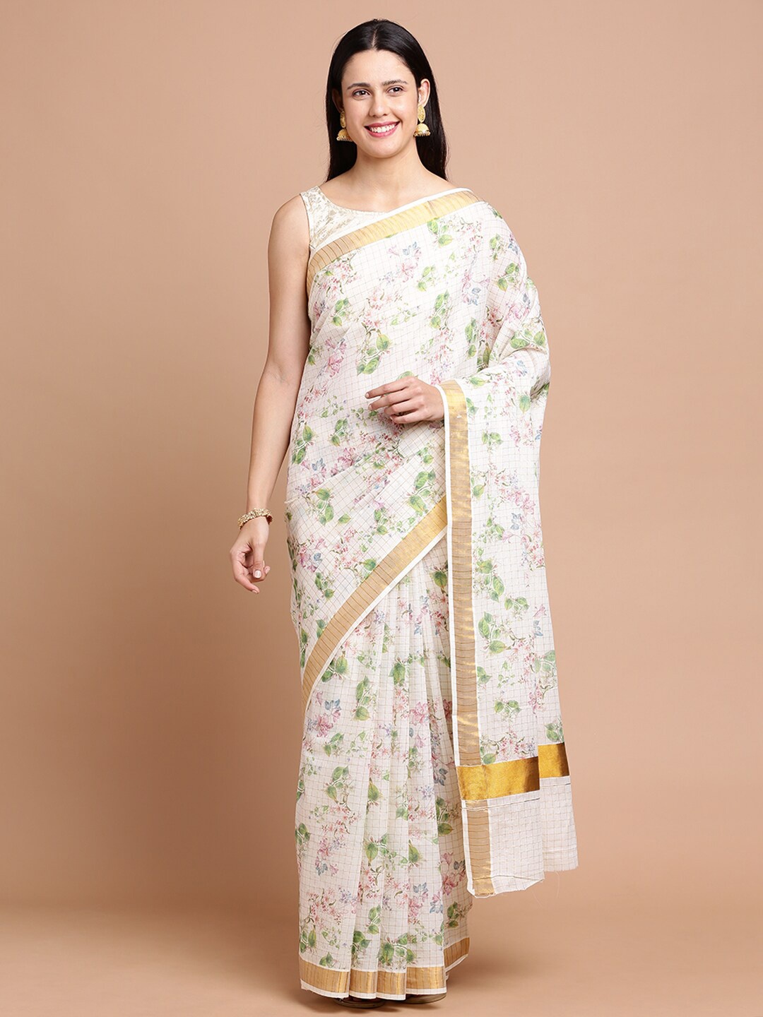 

Kalyan Silks Floral Zari Silk Cotton Saree, Off white
