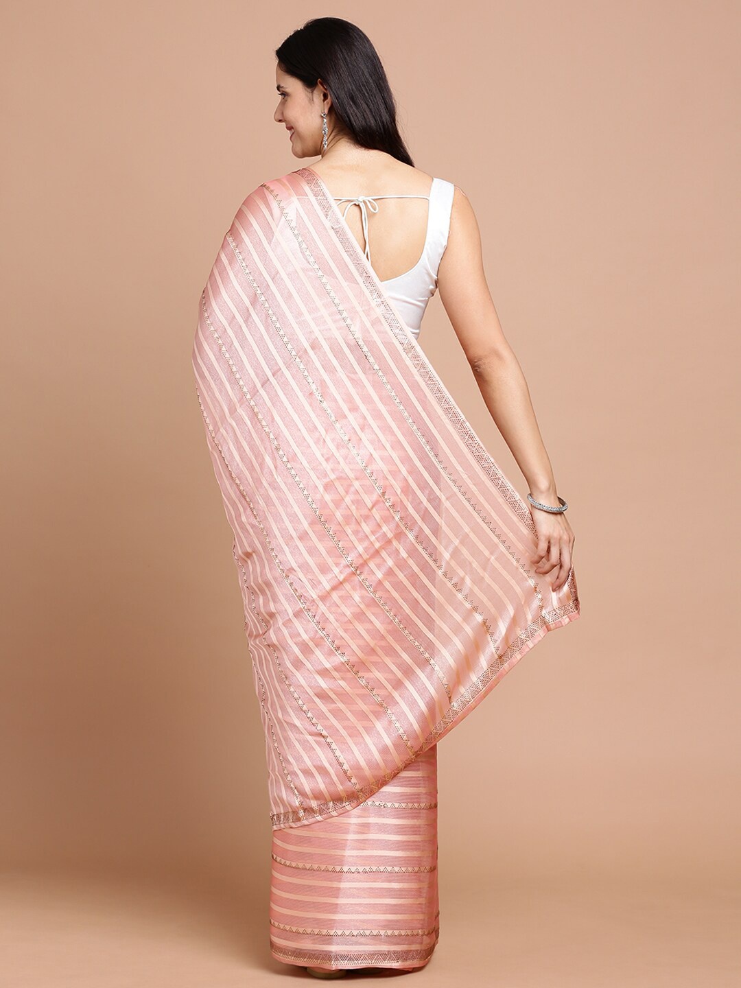 

Kalyan Silks Striped Beads & Stones Silk Cotton Saree, Peach