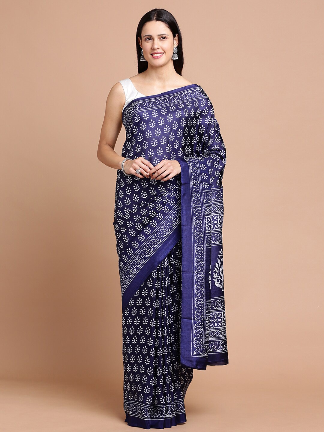 

Kalyan Silks Ethnic Motifs Printed Silk Cotton Saree, Blue