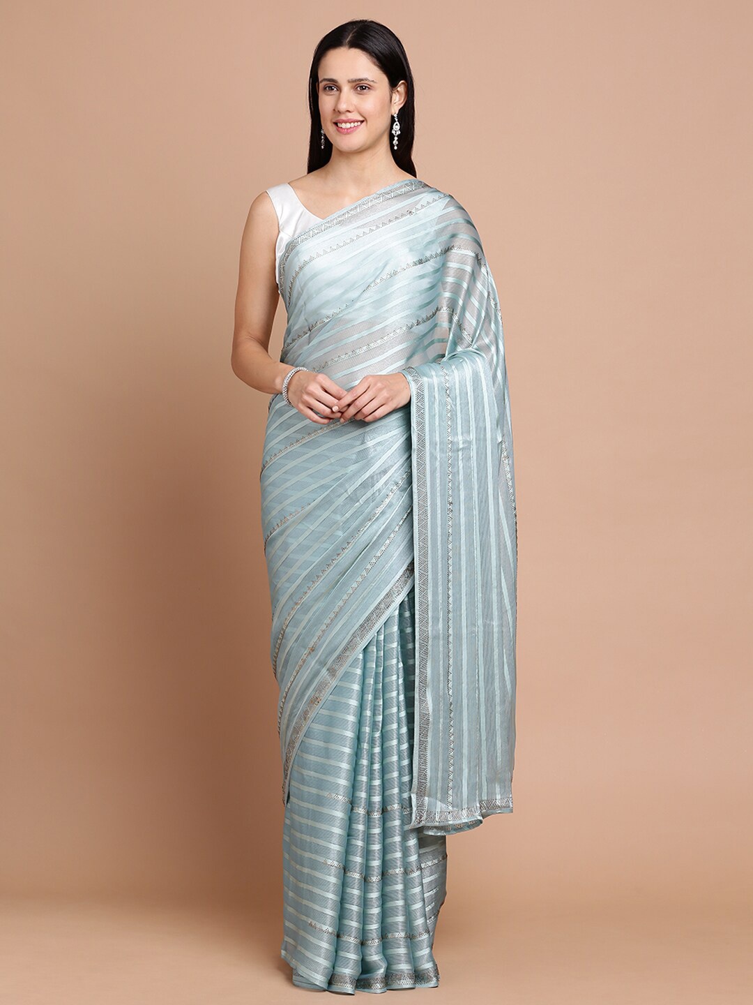 

Kalyan Silks Striped Woven Design Beads And Stones Silk Cotton Saree, Blue