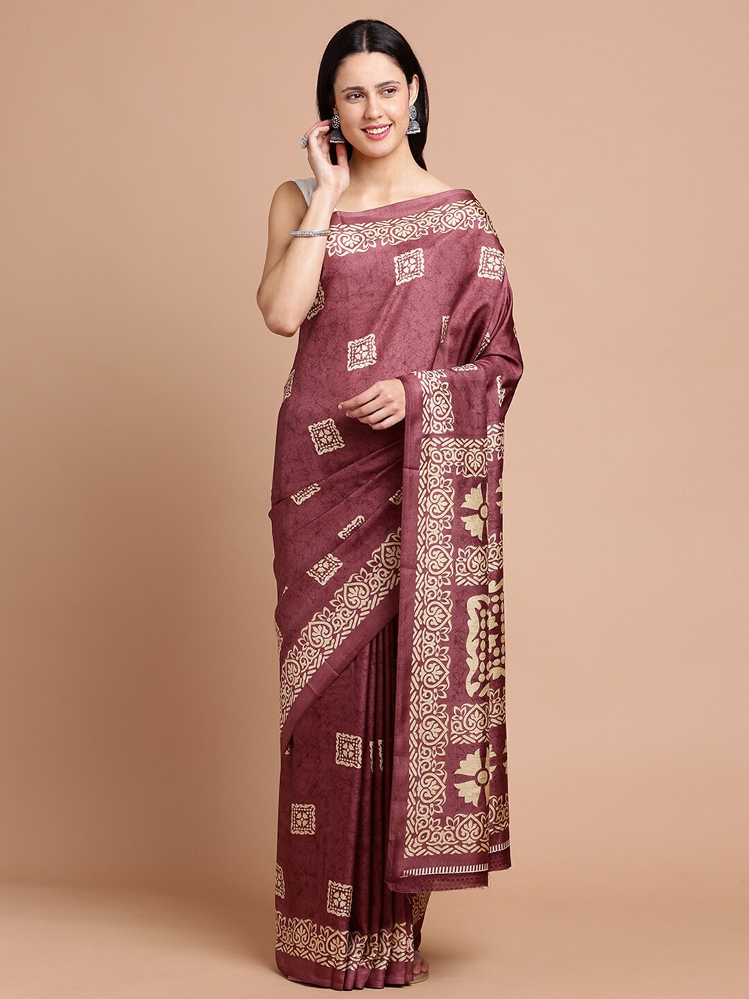 

Kalyan Silks Ethnic Motifs Printed Silk Cotton Saree, Coffee brown