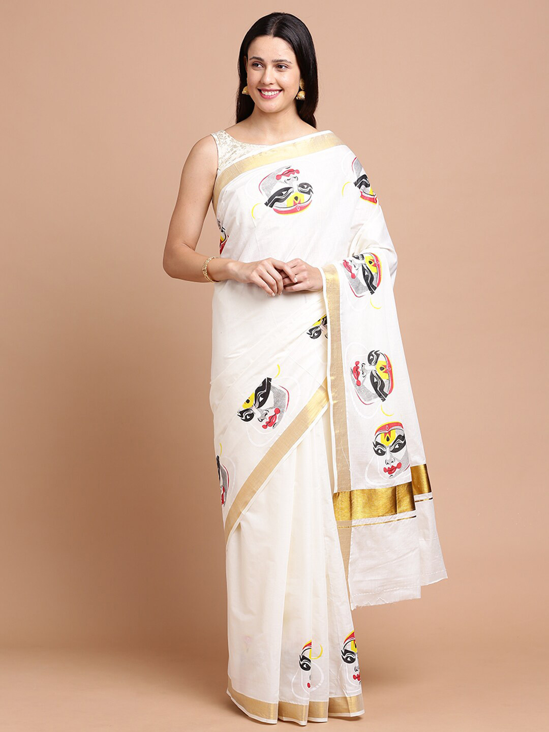 

Kalyan Silks Ethnic Motifs Printed Zari Silk Cotton Saree, Off white