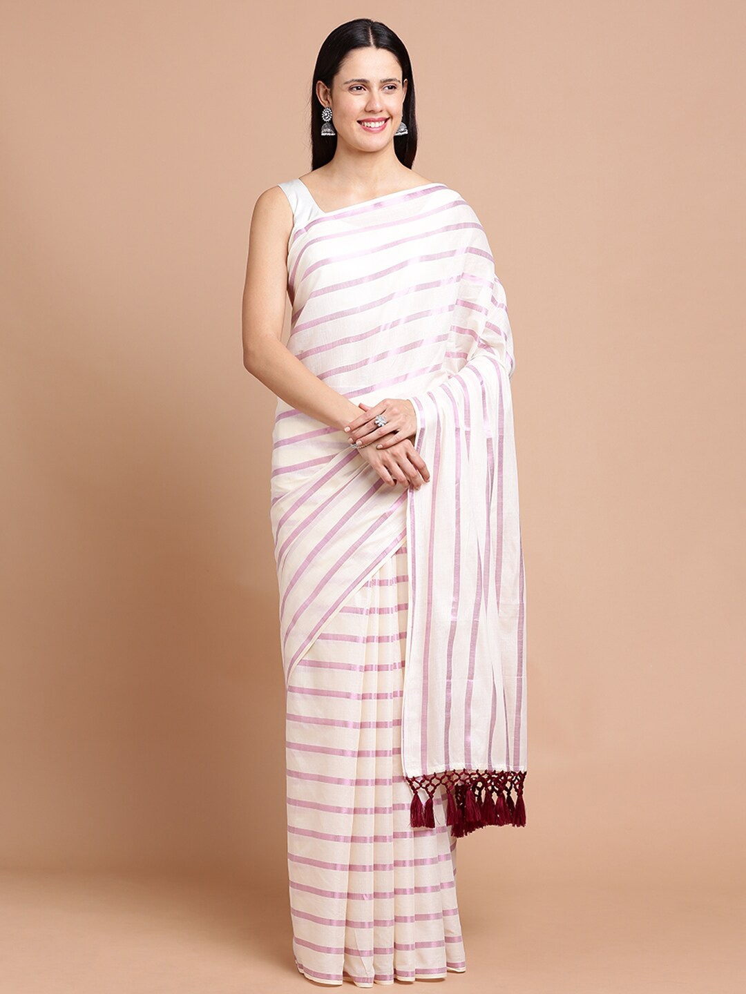 

Kalyan Silks Striped Silk Cotton Saree, Off white