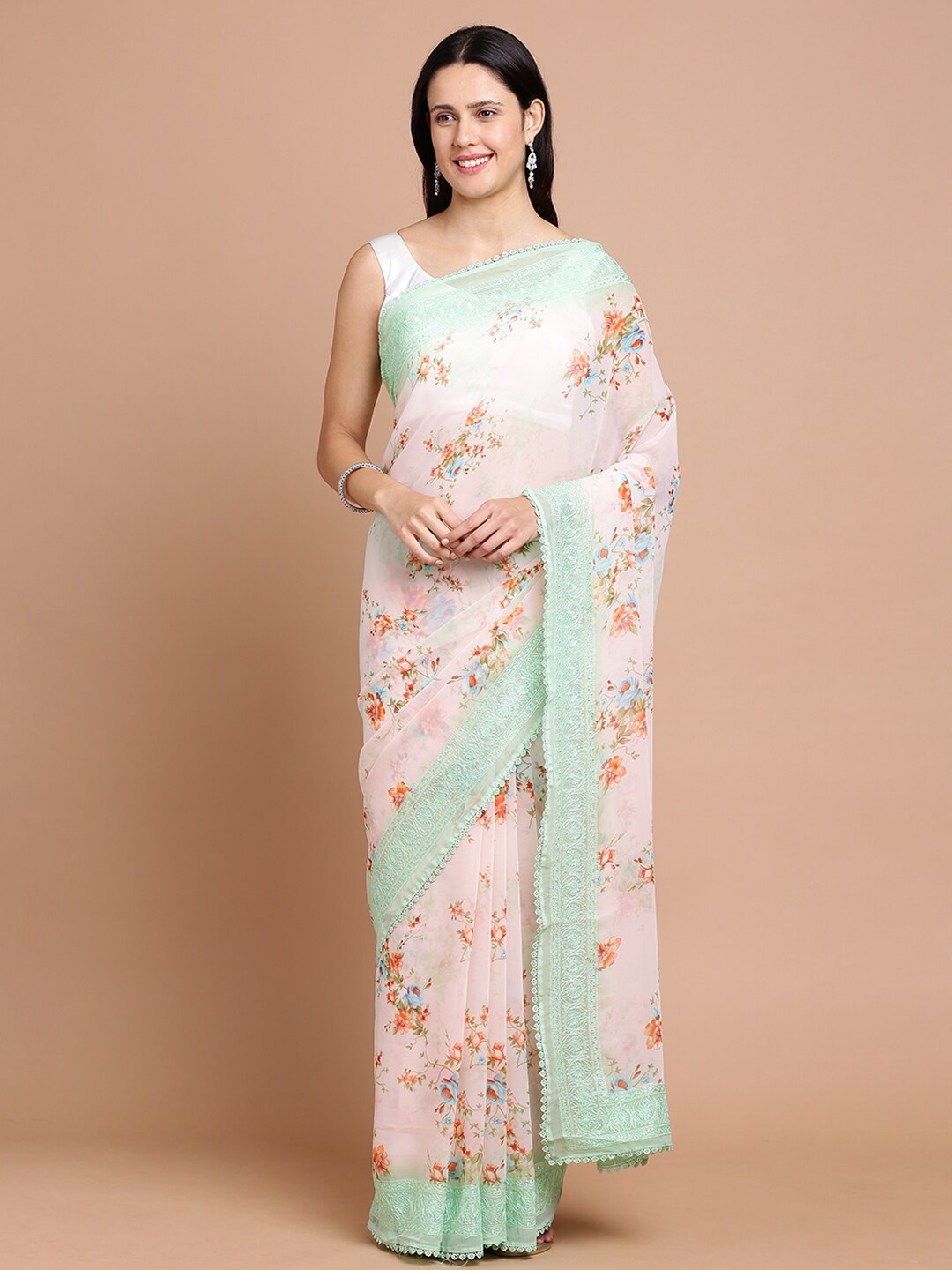 

Kalyan Silks Floral Printed Silk Cotton Saree, Peach