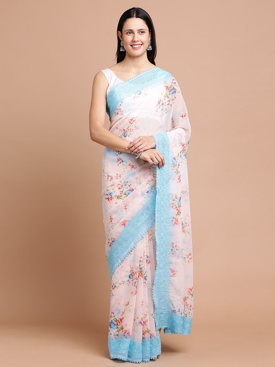 

Kalyan Silks Floral Printed Embroidered Silk Cotton Saree, Peach