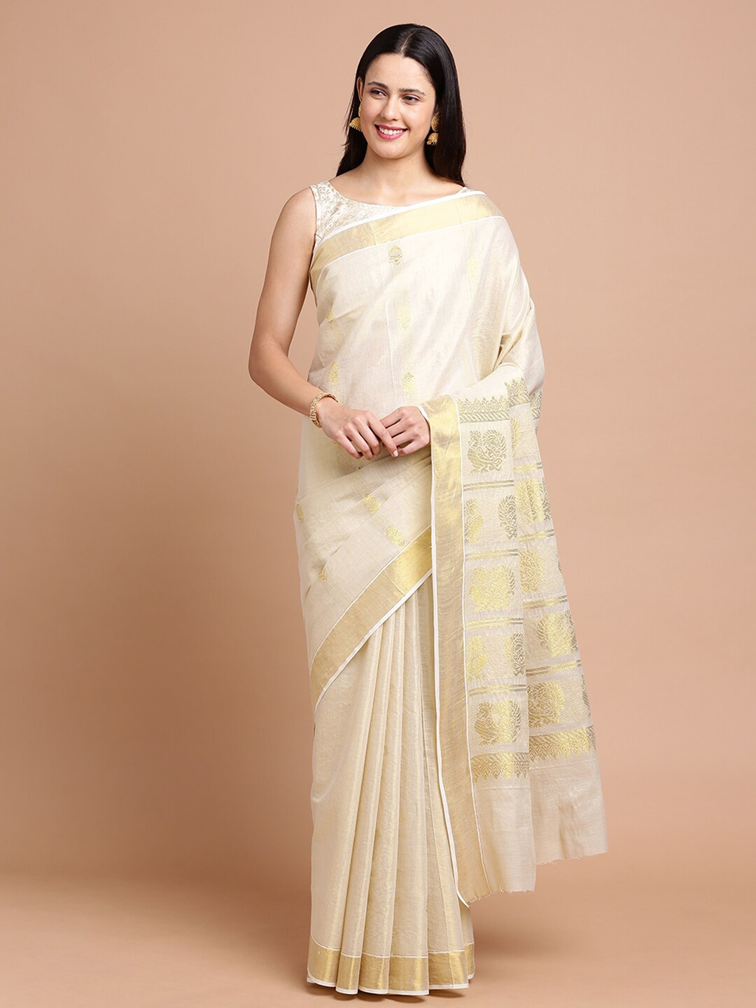 

Kalyan Silks Ethnic Motifs Woven Design Zari Silk Cotton Saree, Gold