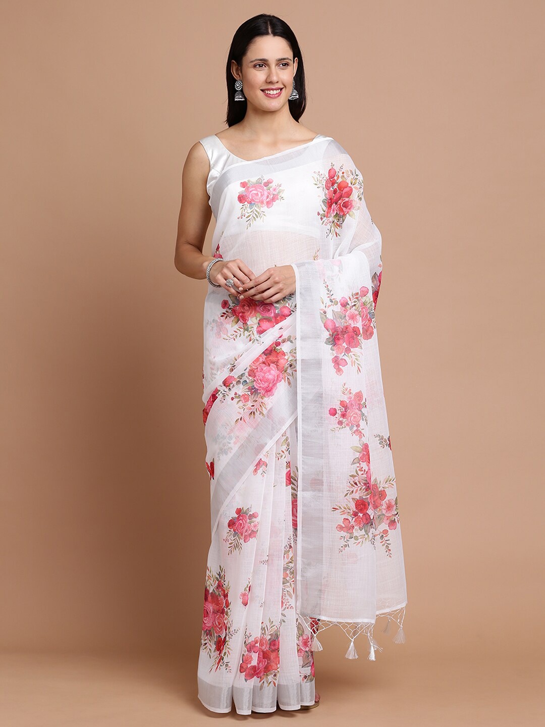 

Kalyan Silks Floral Printed Zari Silk Cotton Saree, White