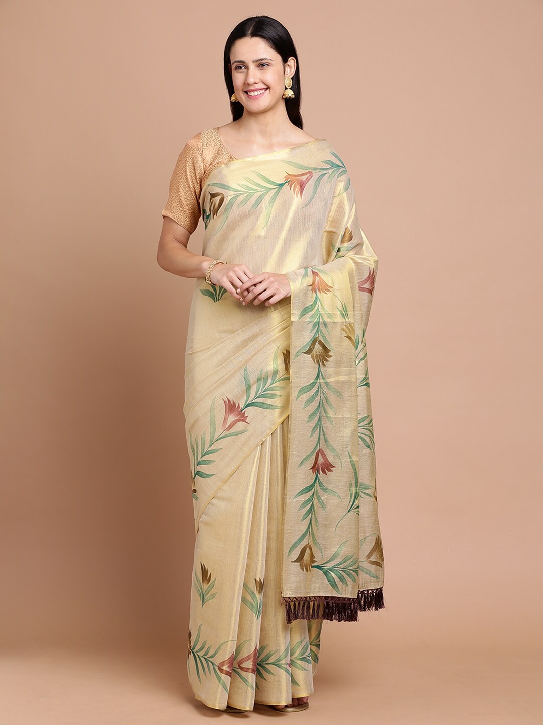 

Kalyan Silks Floral Printed Zari Silk Cotton Saree, Gold