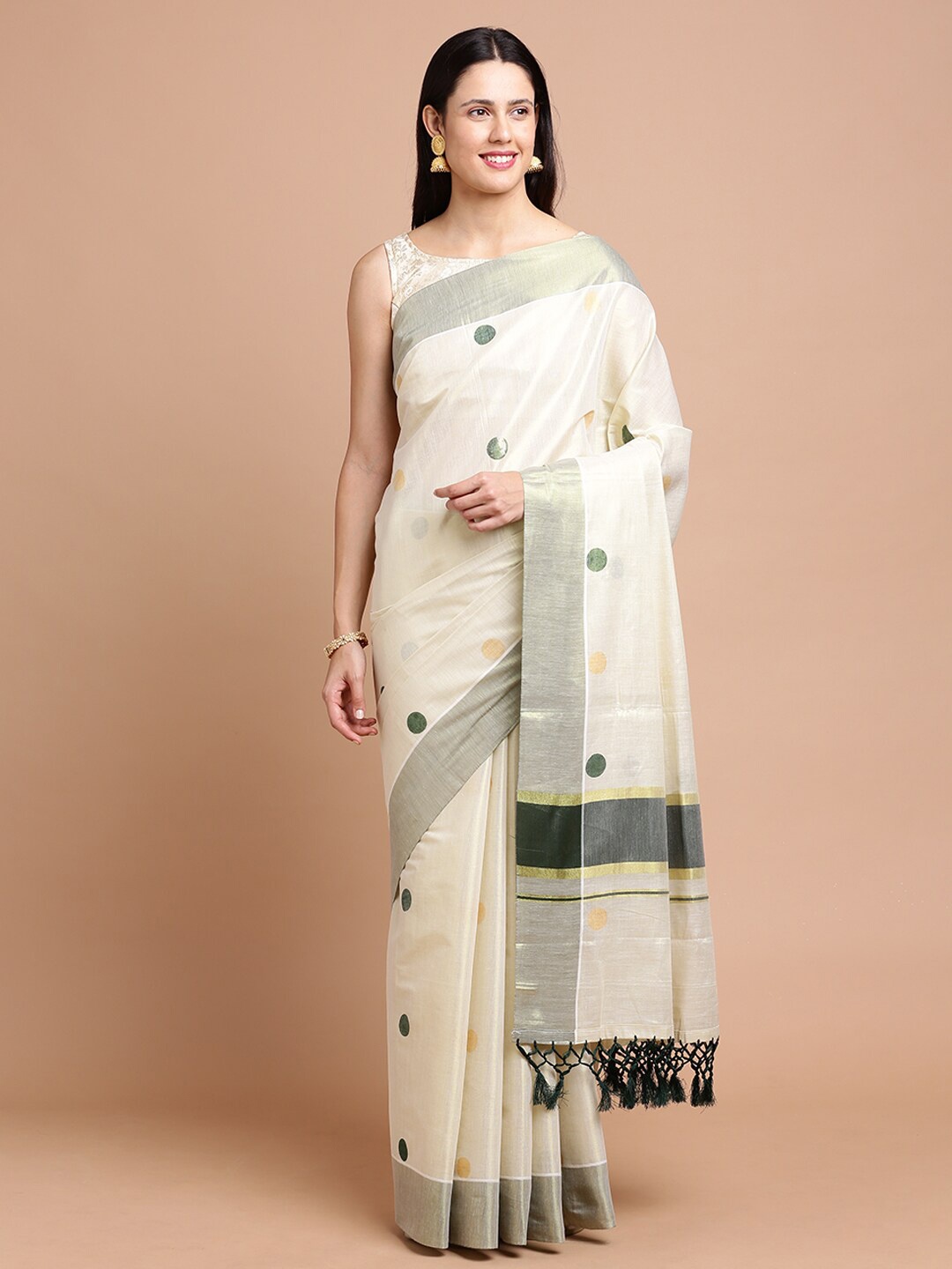 

Kalyan Silks Polka Dots Woven Design Zari Silk Cotton Saree, Gold