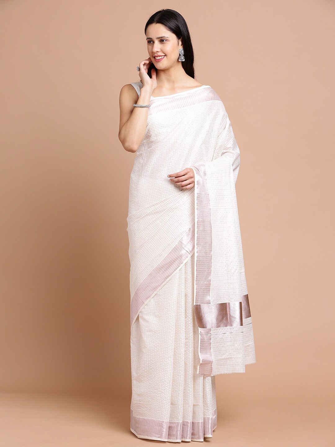 

Kalyan Silks Checked Zari Silk Cotton Saree, Off white