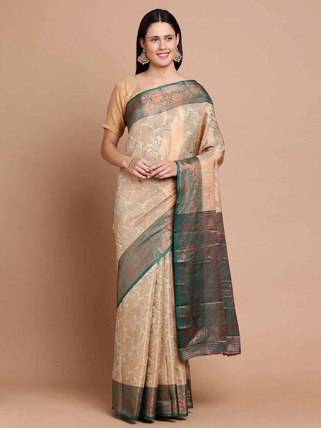 

Kalyan Silks Ethnic Motifs Woven Design Zari Silk Cotton Saree, Green