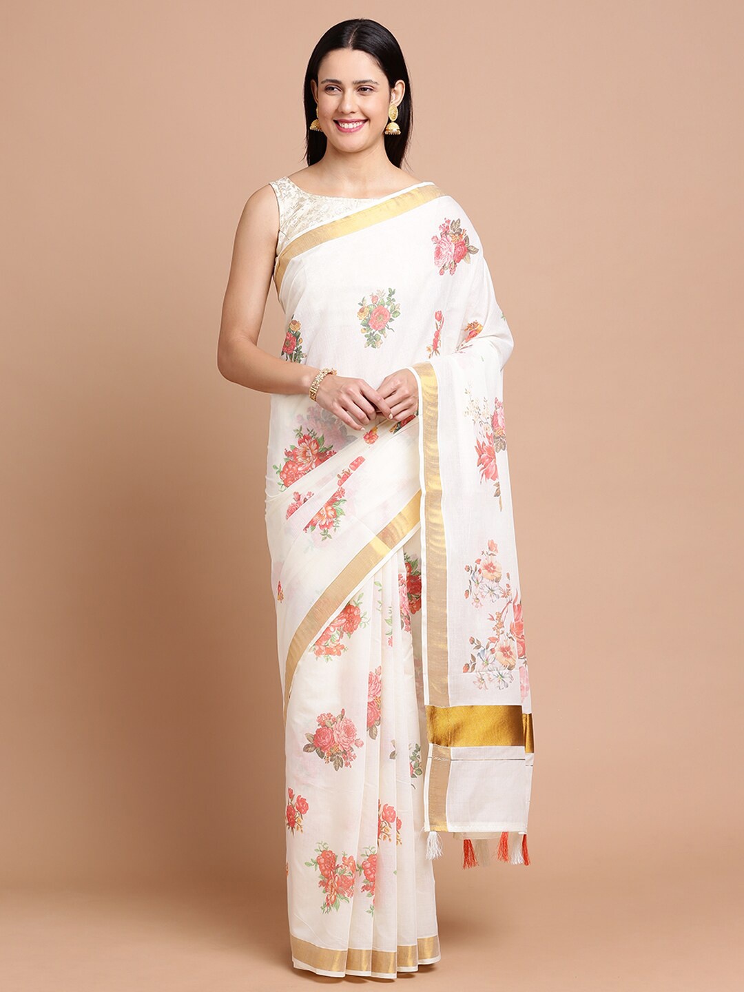 

Kalyan Silks Floral Printed Zari Silk Cotton Saree, Off white