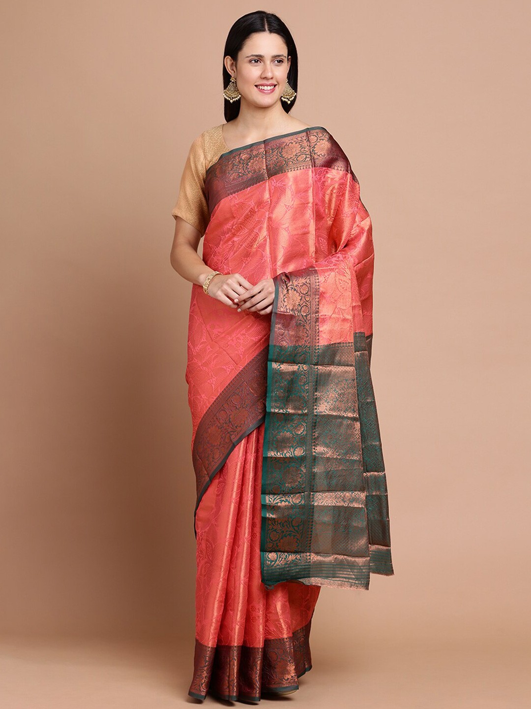 

Kalyan Silks Floral Woven Design Zari Silk Cotton Saree, Peach