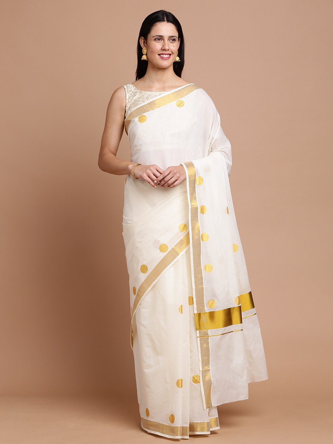 

Kalyan Silks Polka Dots Woven Design Zari Silk Cotton Saree, Off white