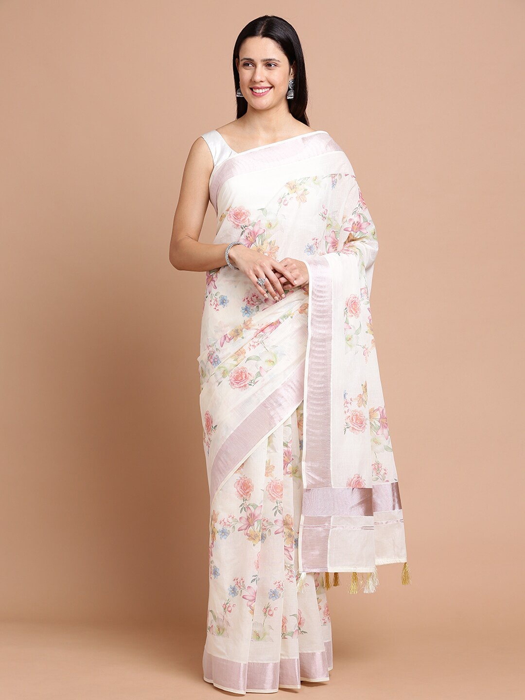

Kalyan Silks Floral Printed Zari Silk Cotton Saree, Off white