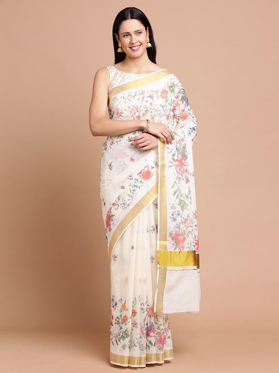 

Kalyan Silks Floral Printed Zari Silk Cotton Saree, Off white