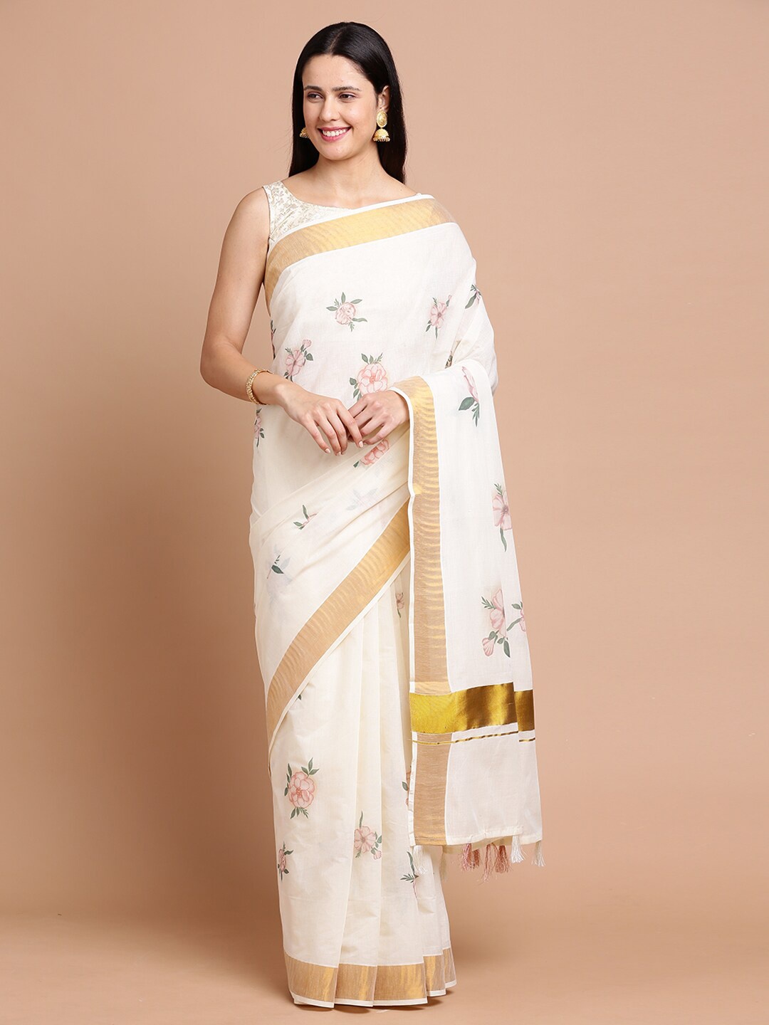 

Kalyan Silks Floral Zari Silk Cotton Saree, Off white