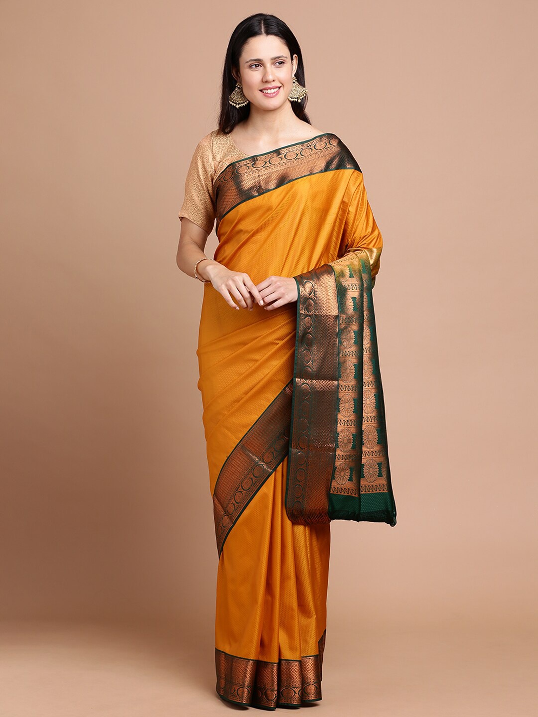 

Kalyan Silks Woven Design Zari Silk Cotton Saree, Mustard