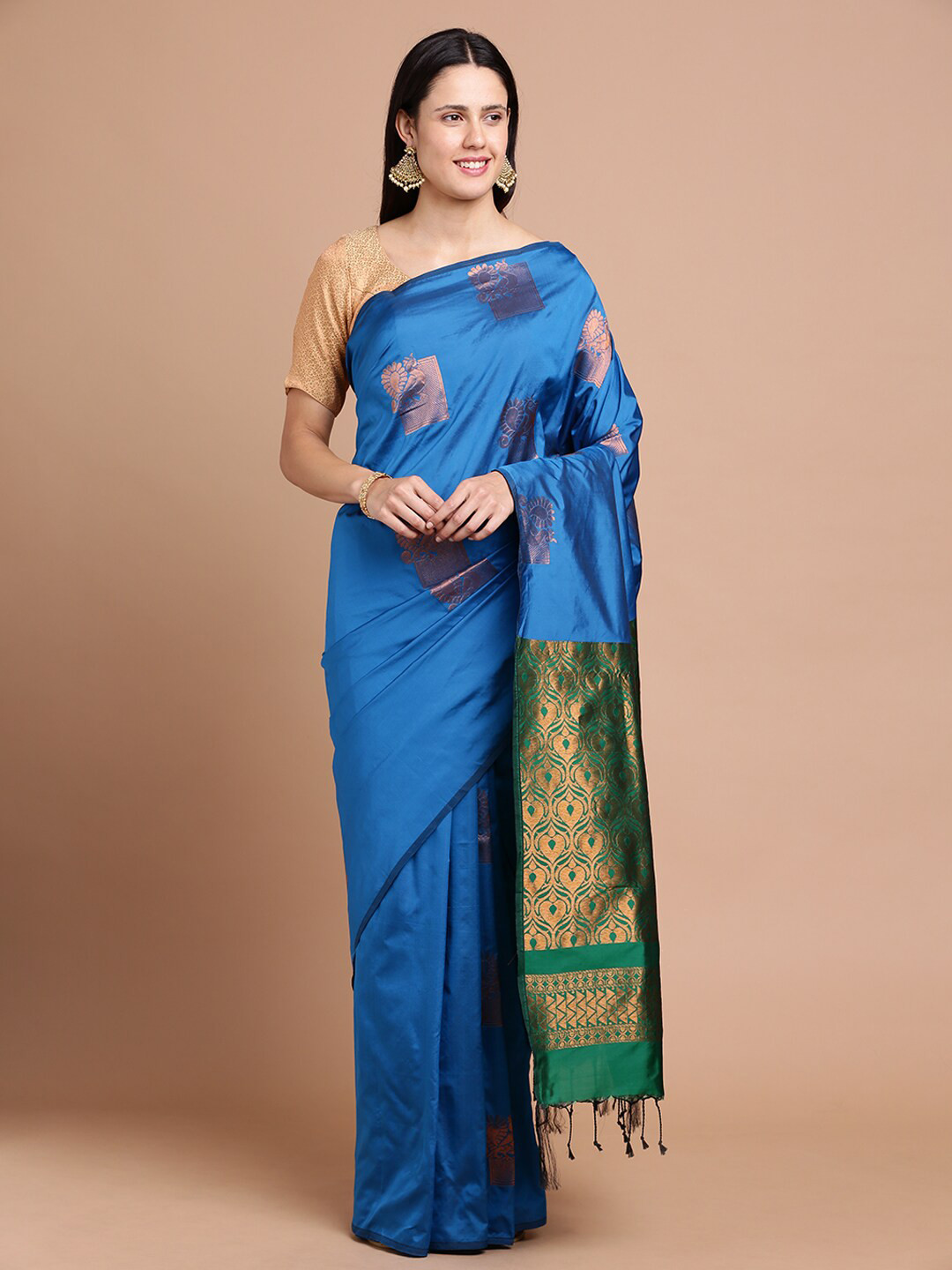 

Kalyan Silks Ethnic Motifs Woven Design Zari Silk Cotton Saree, Blue