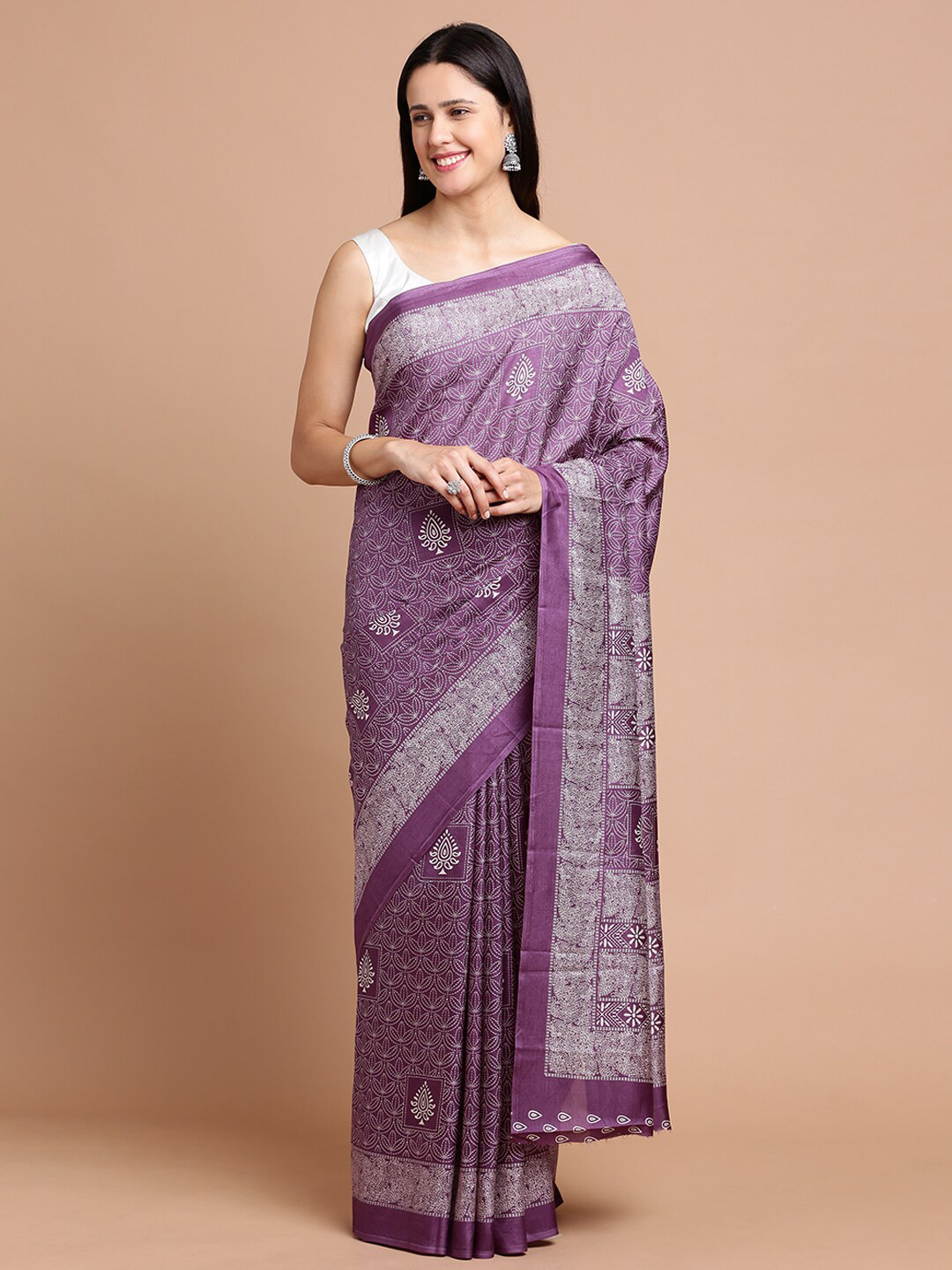 

Kalyan Silks Ethnic Motifs Printed Silk Cotton Saree, Violet