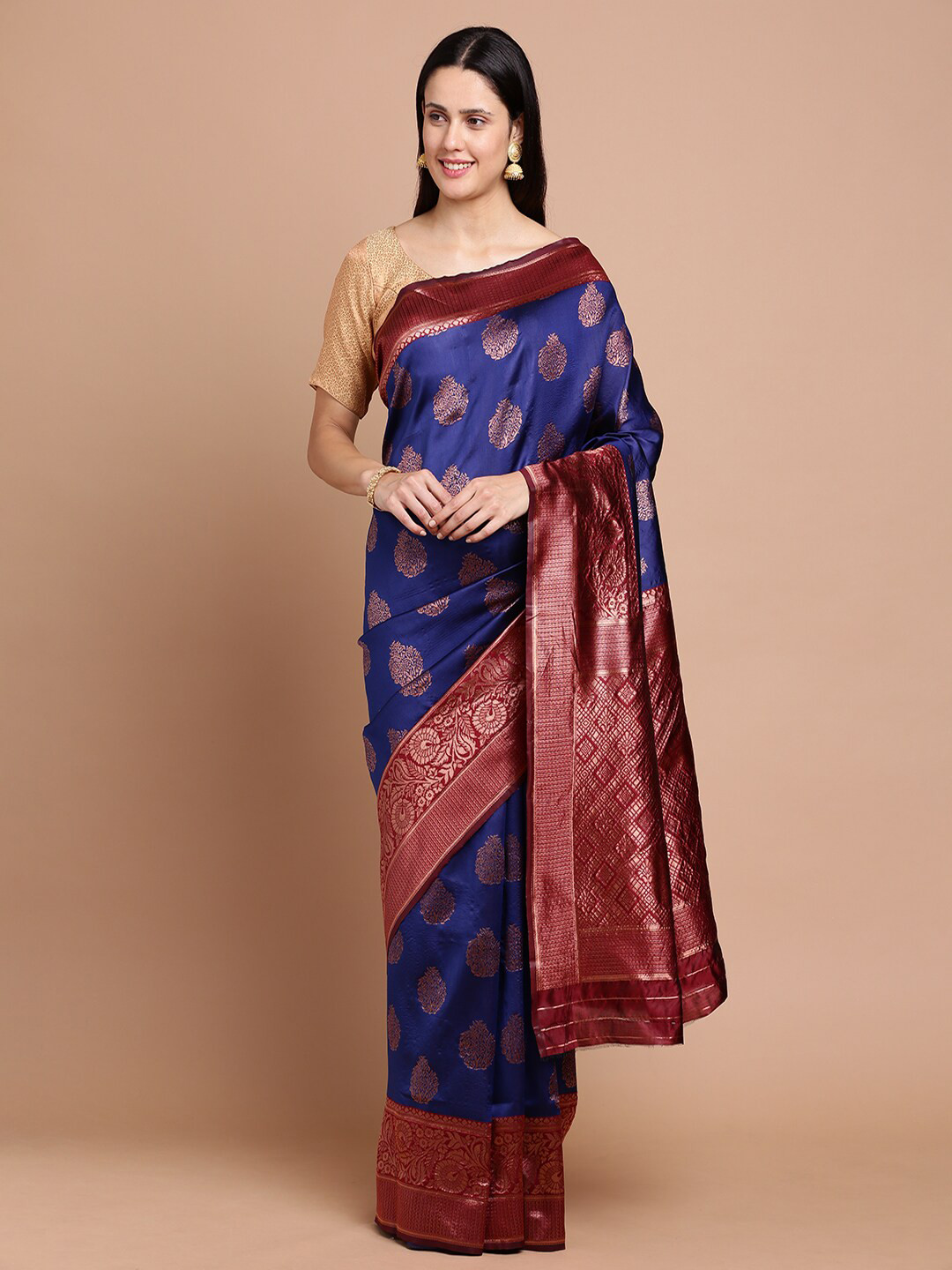 

Kalyan Silks Ethnic Motifs Woven Design Zari Silk Cotton Saree, Navy blue
